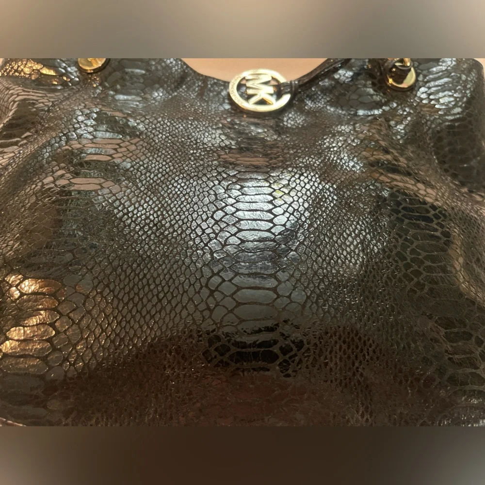 MICHAEL Michael Kors Black Snake-Embossed Leather Hobo with Gold Hardware